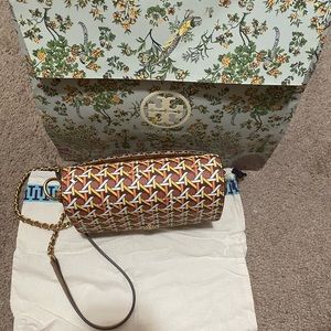 Tory Burch Robinson printed mini shoulder bag aged camellia basket weave
